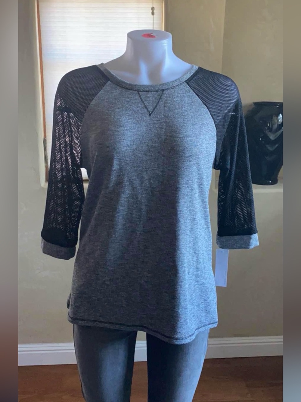 Loveappella gray black mesh sleeves baseball shirt raglan top Sz Medium